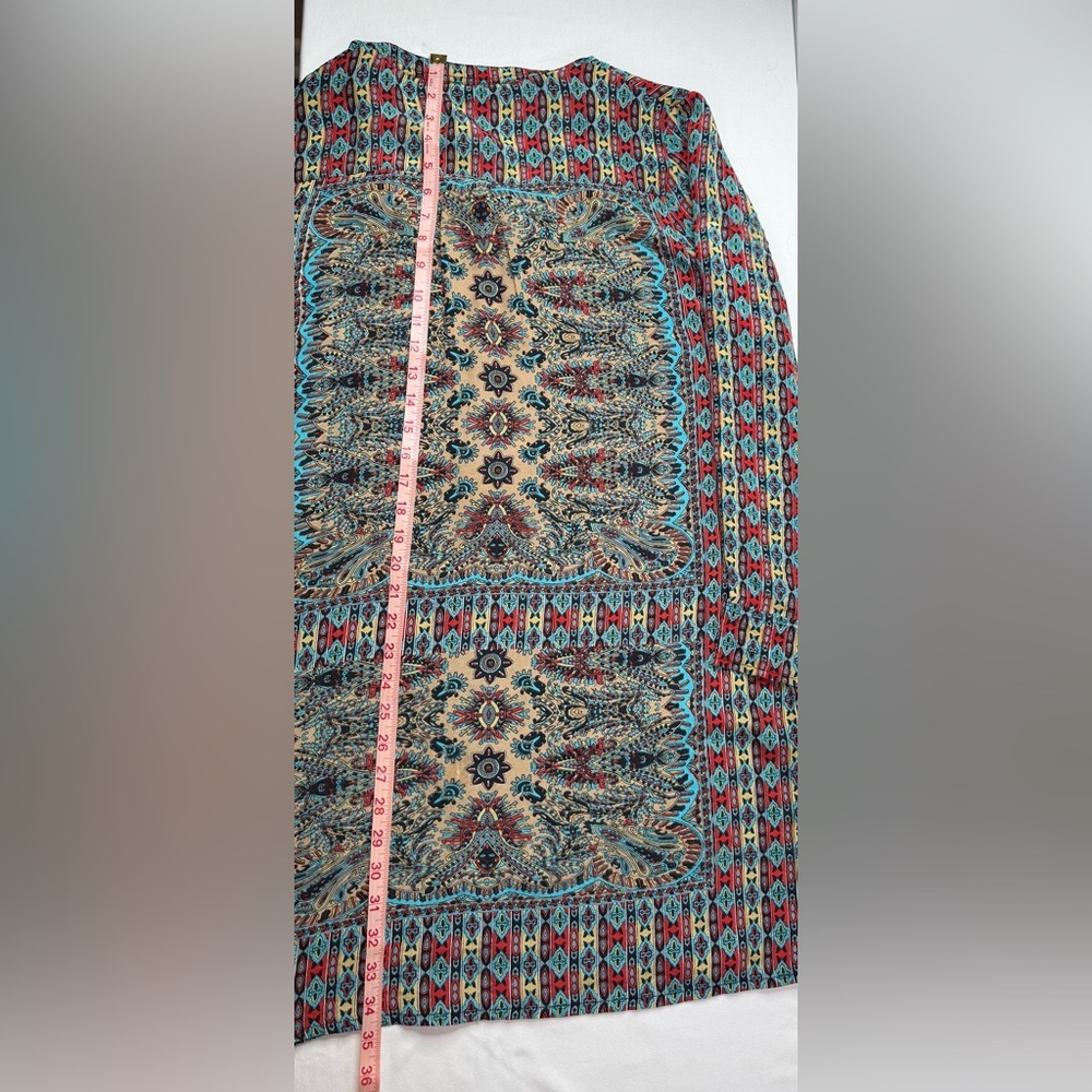 Tolani Lorraine Silk Long Sleeve Blue and Red Patterned Midi Dress Size Medium - Picture 9 of 9